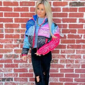 36 Points Boutique Multi Paisley Colorblock Puffer Jacket Retro Western Style